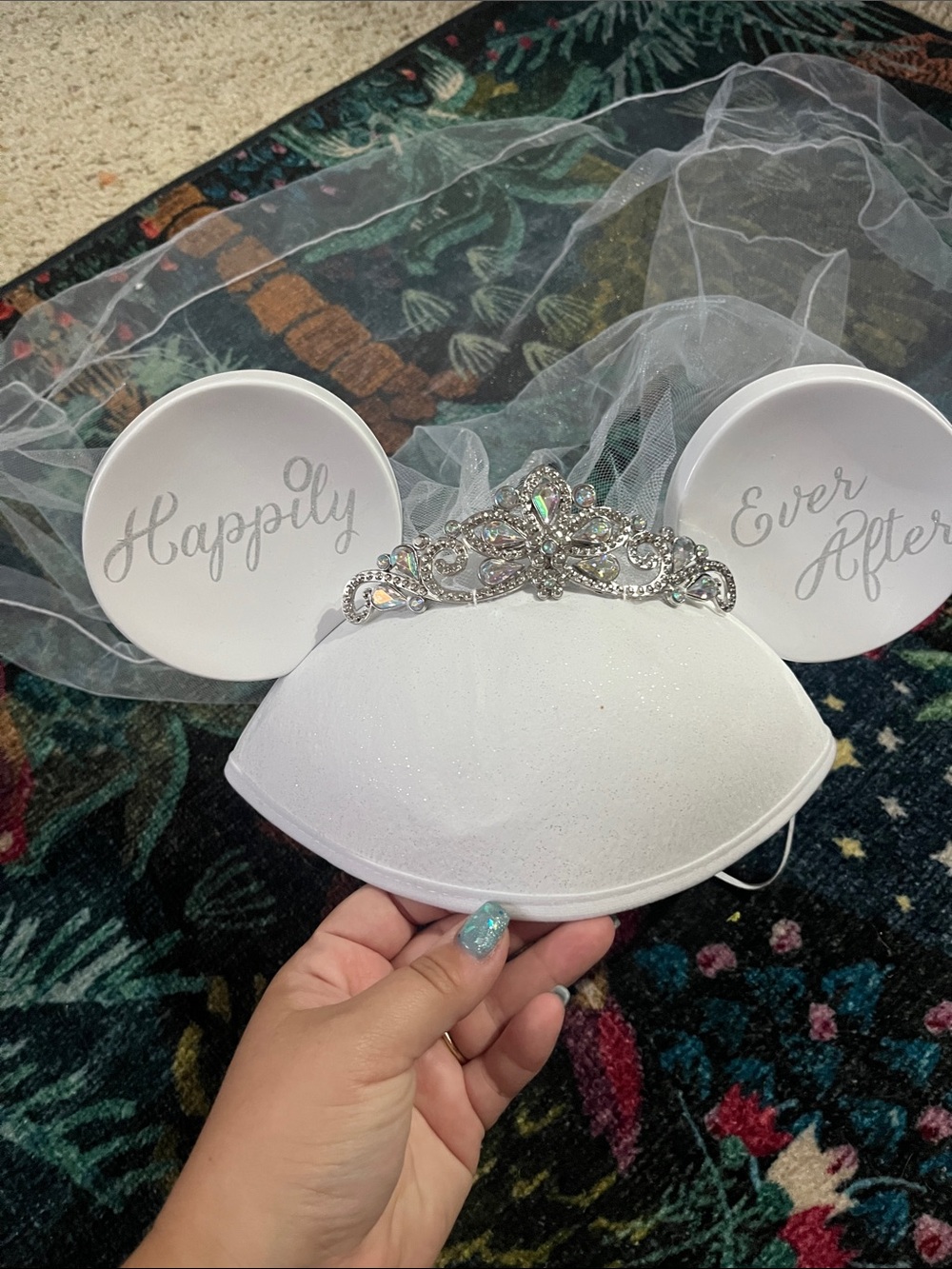 Disney White "Happily Ever After" Bridal Mickey Ears Headband with Tiara + Veil